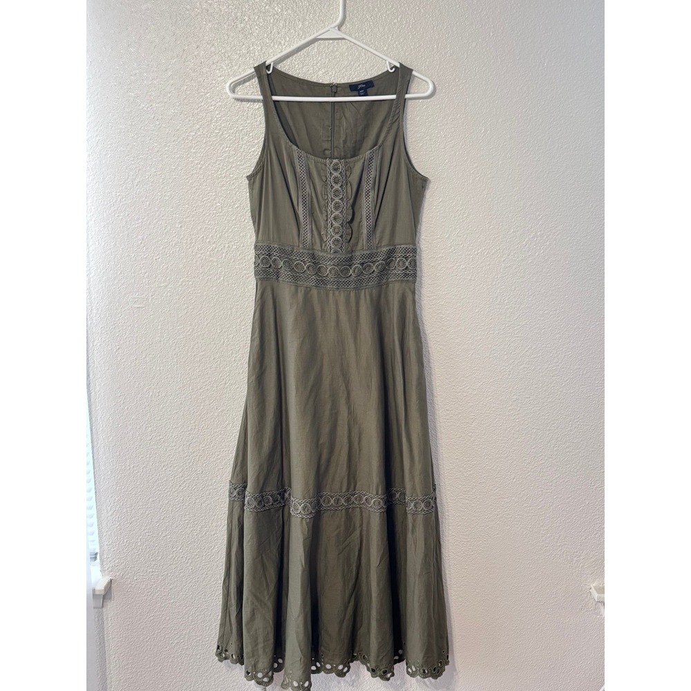 J.Crew Olive Green Eyelet Lace Midi Dress XST Sleeveless Fit & Flare
